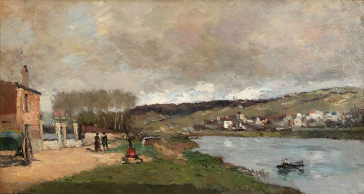 Village et Promeneurs en Bord de Seine